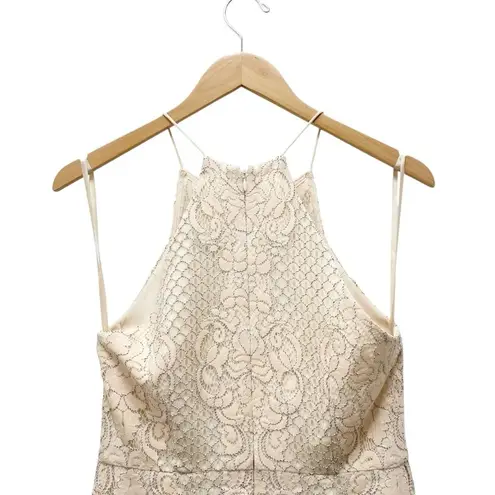 Shona joy Lace High Neck Midi Dress Beige Nude Size 6 Lined Scalloped Hem Bridal