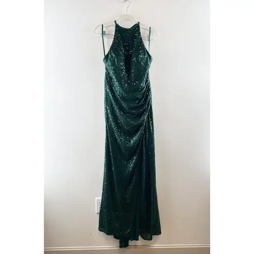 Mac Duggal Ieena for Sequin Formal Halter Maxi Gown Dress Bottle Green 10