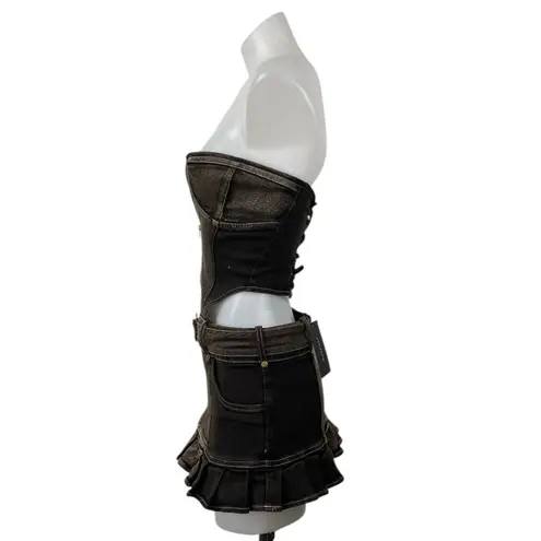 NEW Outcast Wynn Brown Metallic Strapless Bandeau Cutout Mini Denim Dress Sz XS