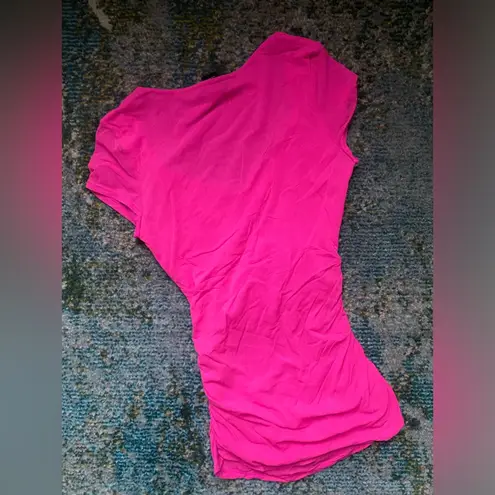 Moda International hot pink nylon layered short sleeve wrap shirt, size medium