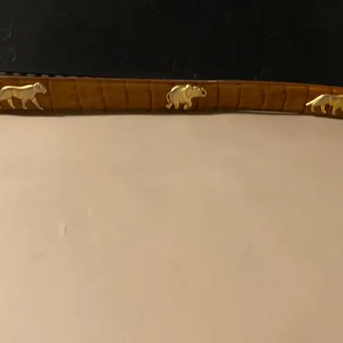 Leather Belt Tan Camel Brown 34 Small Vintage Animal Elephant Lion Metal Accent