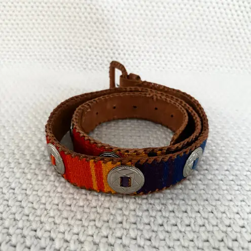 Artisan Vintage Tan Tooled Leather Guatemala Woven Multi Silver Ring Belt OS