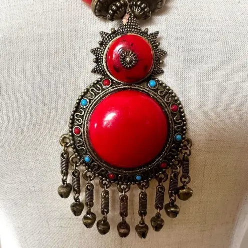 Wood Brass Faux Turquoise Tibetan Bali Style Jingle Necklace Red