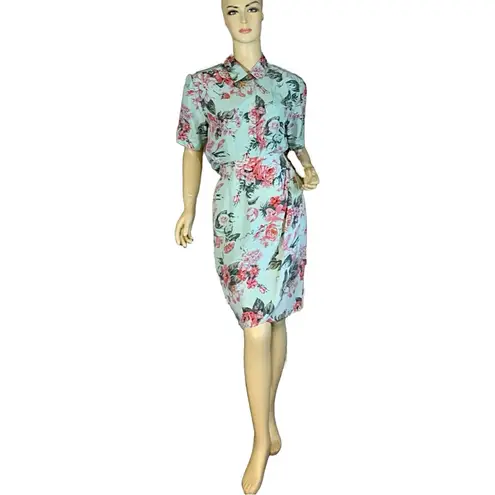 carole little VINTAGE MINTY GREEN & PINK FLORAL PRINT SILK SKIRT SET (4)