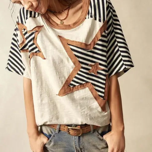 Oversized Striped Star Colorblock Patchwork Boho Top 100% Cotton White