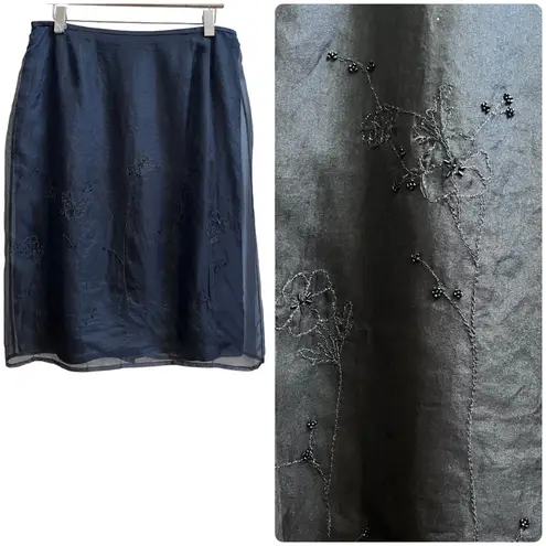 Kasper Black Silk Overlay Beaded Floral Detail Lined Pencil Skirt Size 14