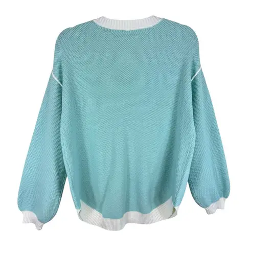 ETCYY NWT Blue White Trim Long Balloon Sleeve Waffle Knit Plush Sweater Size M Size M