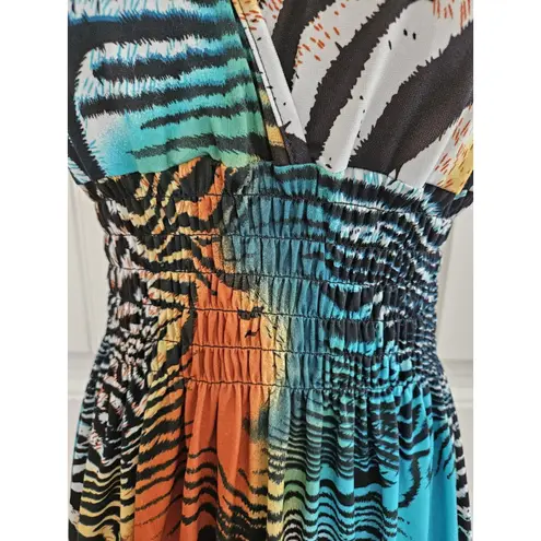 Raya Sun Jungle Colorful Zebra Print Surplice Dress Smocked Waist Sz M