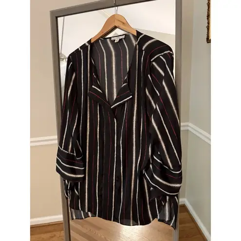 H by Halston Blouse Black Striped V Neck Long Sleeve Flare Cuffs Size XL Silky