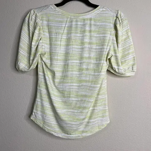 Good Luck Gem Striped Puff Sleeve Top Ribbed Knit Tee Chartreuse White M