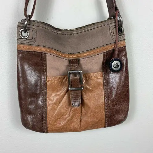 The Sak Crossbody Bag Brown Leather Suede Adjustable Strap Buckle Pockets Zip Up