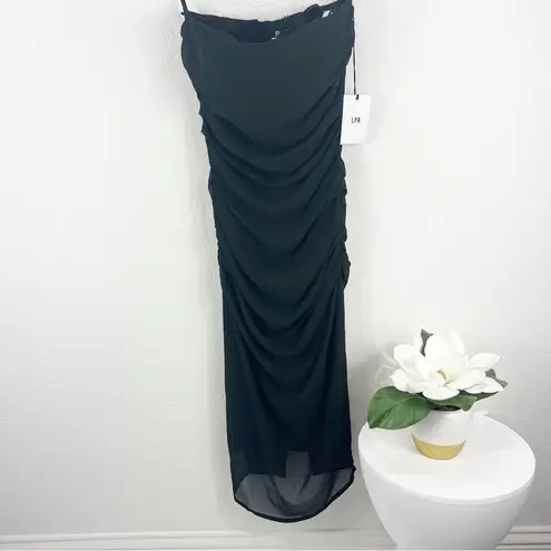 LPA Shirred Bustier Dress Black Strapless Midi Revolve XXS NWT