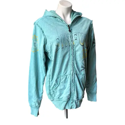 Sinful Affliction Y2K Reversible Zip Hoodie Angel Wings Distressed Grunge, Sz L Blue Size L