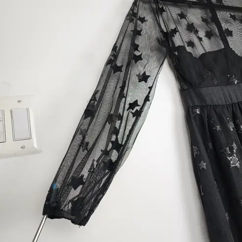 Women Sequin Star Print Black Tulle Dress Mesh See