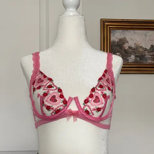 For Love & Lemons  💋 Whimsical Garden Hearts Pink and Red Heart Lace Bra 32C