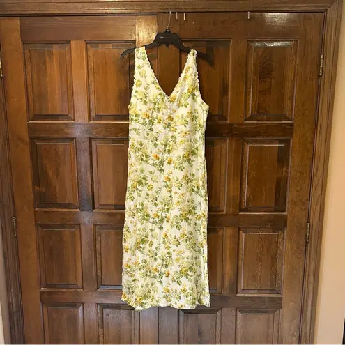 Laura Ashley  Linen Floral Yellow Roses Midi Dress Cottage Garden Lace Trim 14
