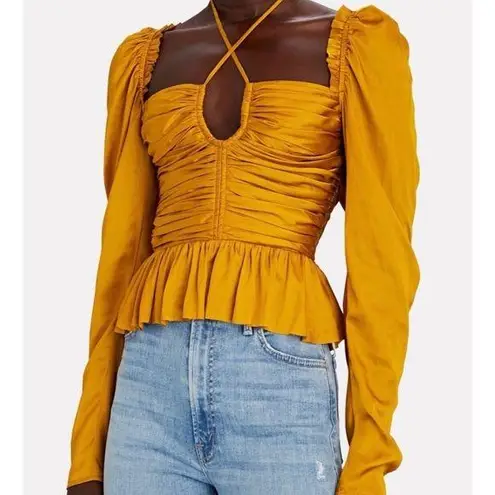 Ulla Johnson Mirelle Plisse Satin Peplum Mustard Long Sleeve Ruched blouse NEW