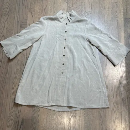 Fridaze Womens Beige Linen Mandarin Collar Button Up Tunic Top Tan Size M