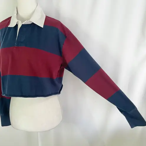 American Eagle New  Throwback Rugby Stripe Cropped Polo Shirt Maroon Navy Size XS