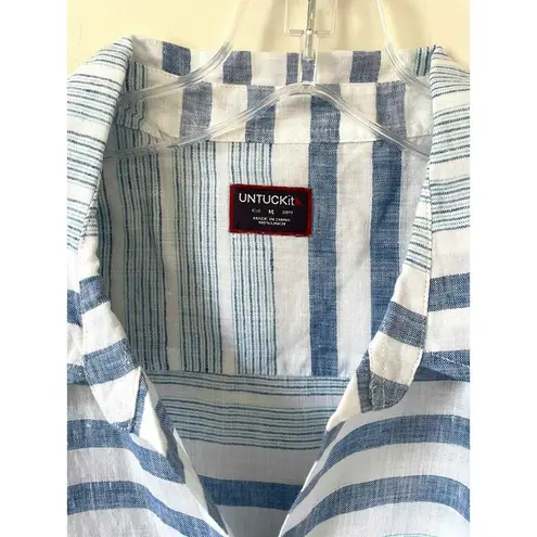 UNTUCKit Linen Cotton Striped Button Down Blouse Blue White Size 14 NEW