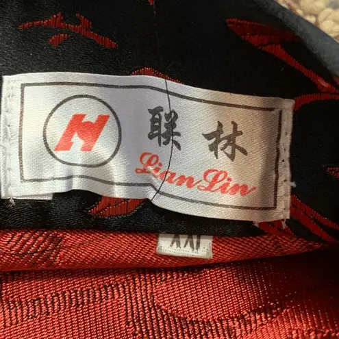 Vintage Black Red Satin Kimono Robe Calligraphy Print Unisex XX