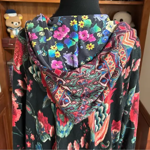 Johnny Was Floral Multicolor Patterned Long Sleeve Hooded Pocket Duster Sweater