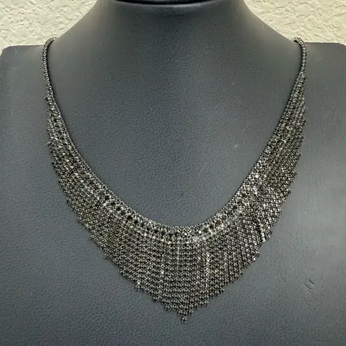 Unsigned Black Rhinestones Waterfall Fringe Necklace 18g.