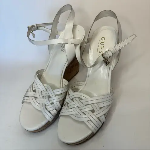 Guess Women's  Wedge White Sandals Cork Heel Strappy Woven Shoes 8.5 Logo Charm