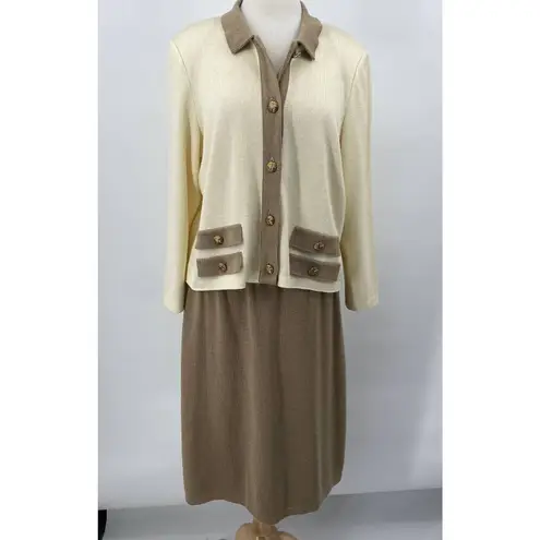 Vintage Mita 2 Piece Knit Cardigan & Skirt Set Matching Cream Tan Womens 18