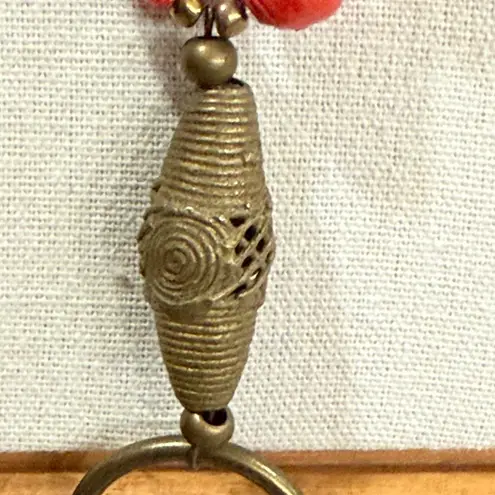 Vintage Red paper beads, bronze accents and leather chain & tassel necklace