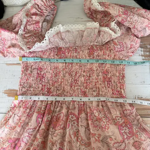 RIXO Joanie Pink Paisley Midi Light Floral Ruffle Dress Size Medium US 8 UK 12