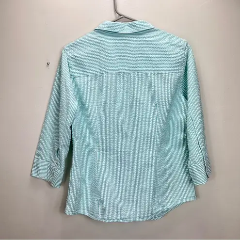 L.L.Bean  Mint Green White Seersucker 3/4 Sleeve Button Shirt MEDIUM