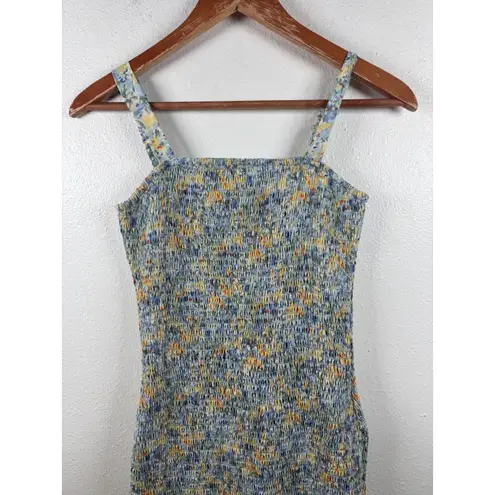 Pretty Garden Small Floral Smocked Tank Midi Dress Square Neck Ruffle Hem Blue