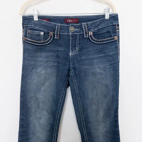 Ymi Y2K Womens Jeans Size 7 Bootcut Dark Wash Denim White Stitch Flare Pockets