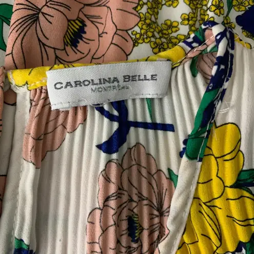 Carolina belle Accordion Pleat Tank Top M White Floral Round Neck Key Hole