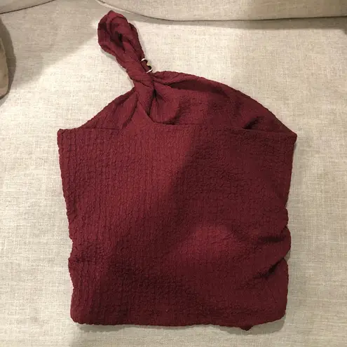 H&M One Shoulder Top Textured Small Wine Red with Gold Accent