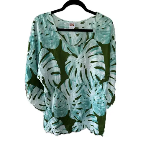 Hula Bay Women's Green Hawaiian Monstera Flowy Waterfall Bell Sleeves Blouse XL