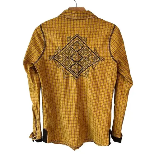 BKE Shirt Women’s Size XS Yellow Brown Plaid Button Up Long Sleeve Embroidered