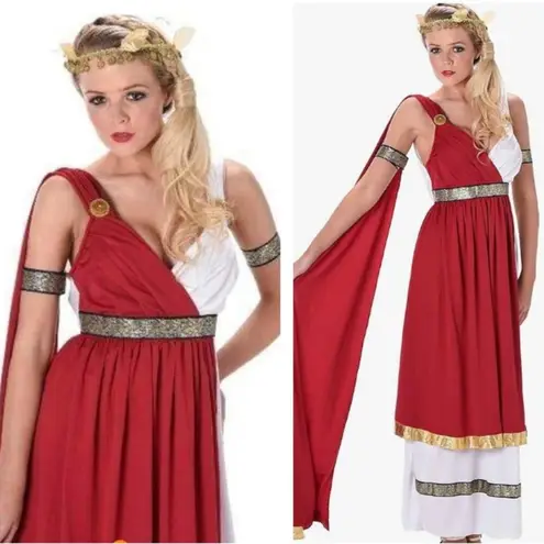 Roman Empress Women’s Greek Goddess Costume Toga Party Red White Gold Medium
