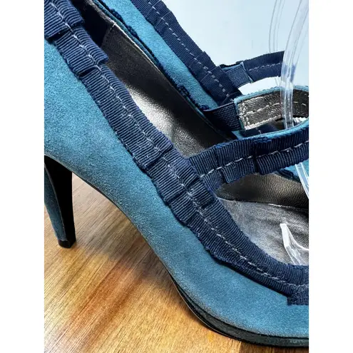 Boden Blue Suede Leather Ribbon Trim Mary Jane Court Heeled Pumps Size 38 US 7 Blue
