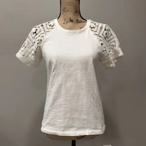 Design History Lace Embroidered White Peasant T Shirt Cottage Core Small cotton