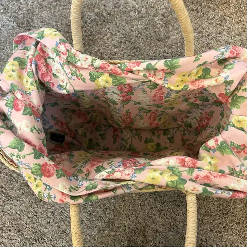 Mark & Graham x Sanderson woven straw rattan floral fabric tie top basket tote Tan