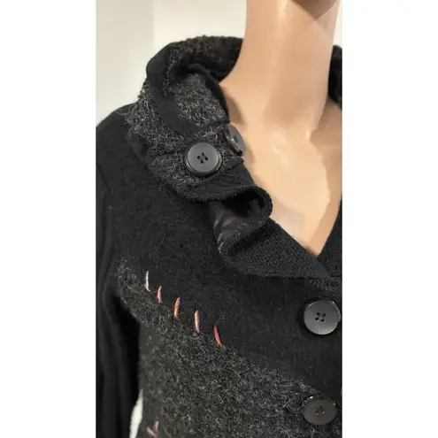 SIONI STUDIO Black Gray Whipstitch Patchwork Cardigan Sweater Big Buttons Large