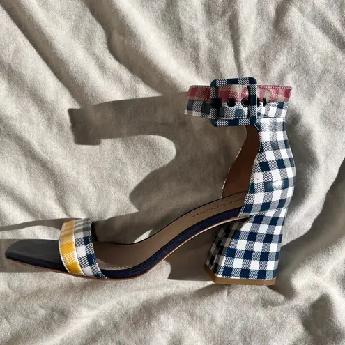 Donald Pliner Watson Gingham Color Block Leather Open Toe Heel Sandals size 8M Blue