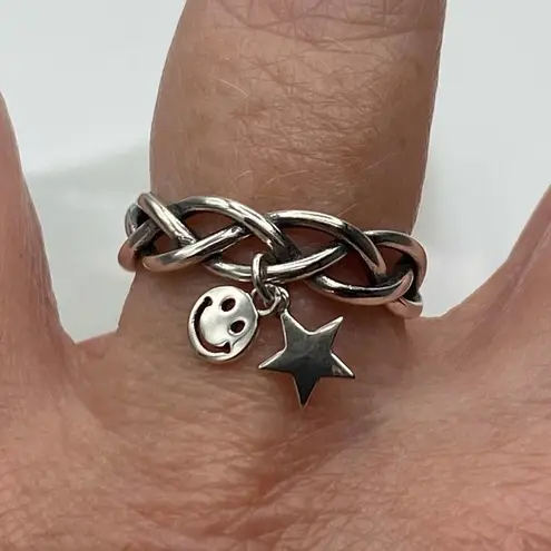 Star and Smile Face Dangle Sterling Silver Retro Ring Adjustable Silver