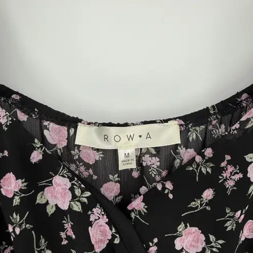ROW A Black Pink Floral Ruffle Tiered Mini Dress Short Sleeve Square Neck M Size M