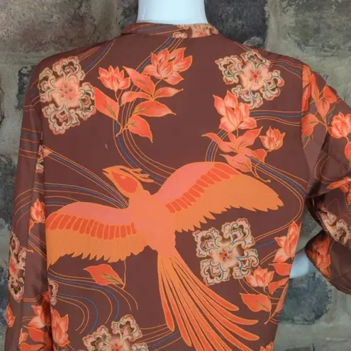 Sag Harbor Oriental Phoenix Print Blouse Orange Brown Turquoise Woman's Small