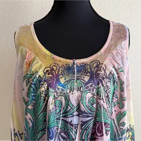 One World Blue Green Yellow Printed Top Women’s Large Boho Colorblock Peasant