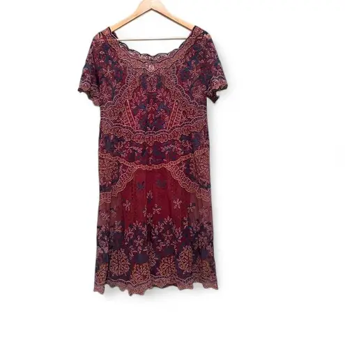 Sundance Maroon Lace Short Sleeve Mini Dress Slip Boho Embroidered Large