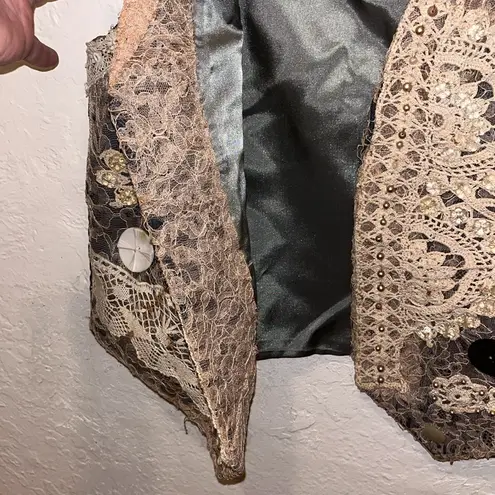 Vintage Silk Vest Lace Embellished Beads Sequin Floral Boho Size XL